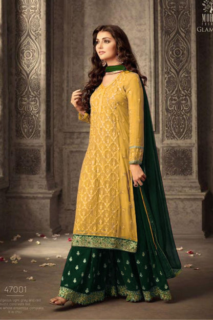 Yellow Chinon Silk Plazo Suit For Weddings & Festival - Embroidery Work