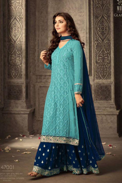 Yellow Chinon Silk Plazo Suit For Weddings & Festival - Embroidery Work