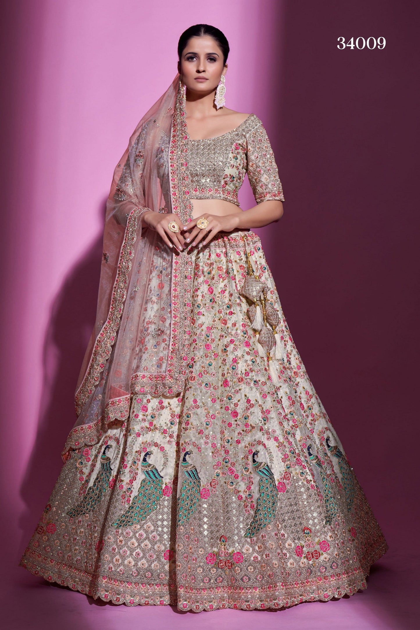 Cream Net Lehenga Choli For Festival & Weddings - Sequence Embroidery Work, Stone Work, Dori Work