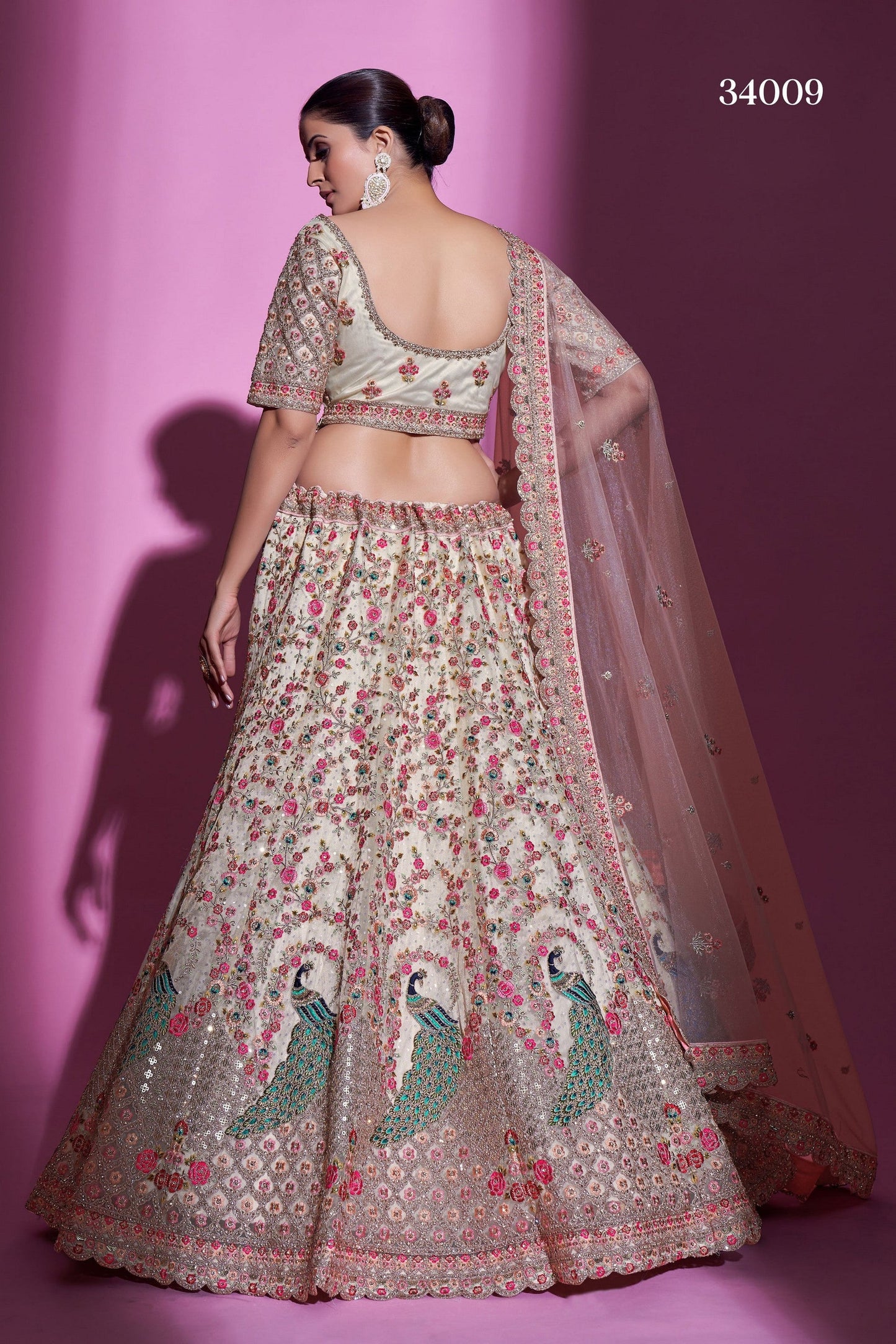 Cream Net Lehenga Choli For Festival & Weddings - Sequence Embroidery Work, Stone Work, Dori Work
