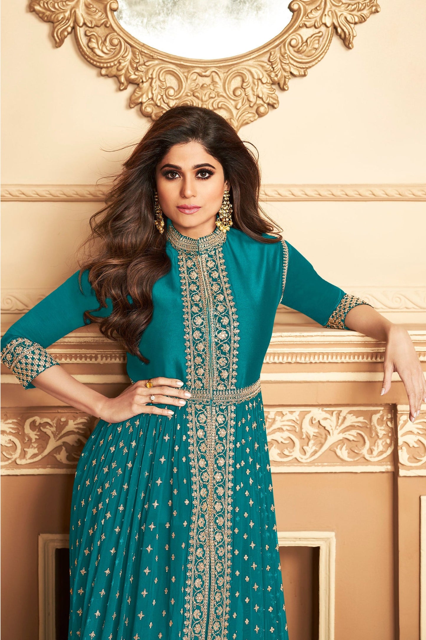 Cyan Georgette Anarkali Gown For  Festivals &  Weddings Dress - Sequence Embroidery Work, Stone work
