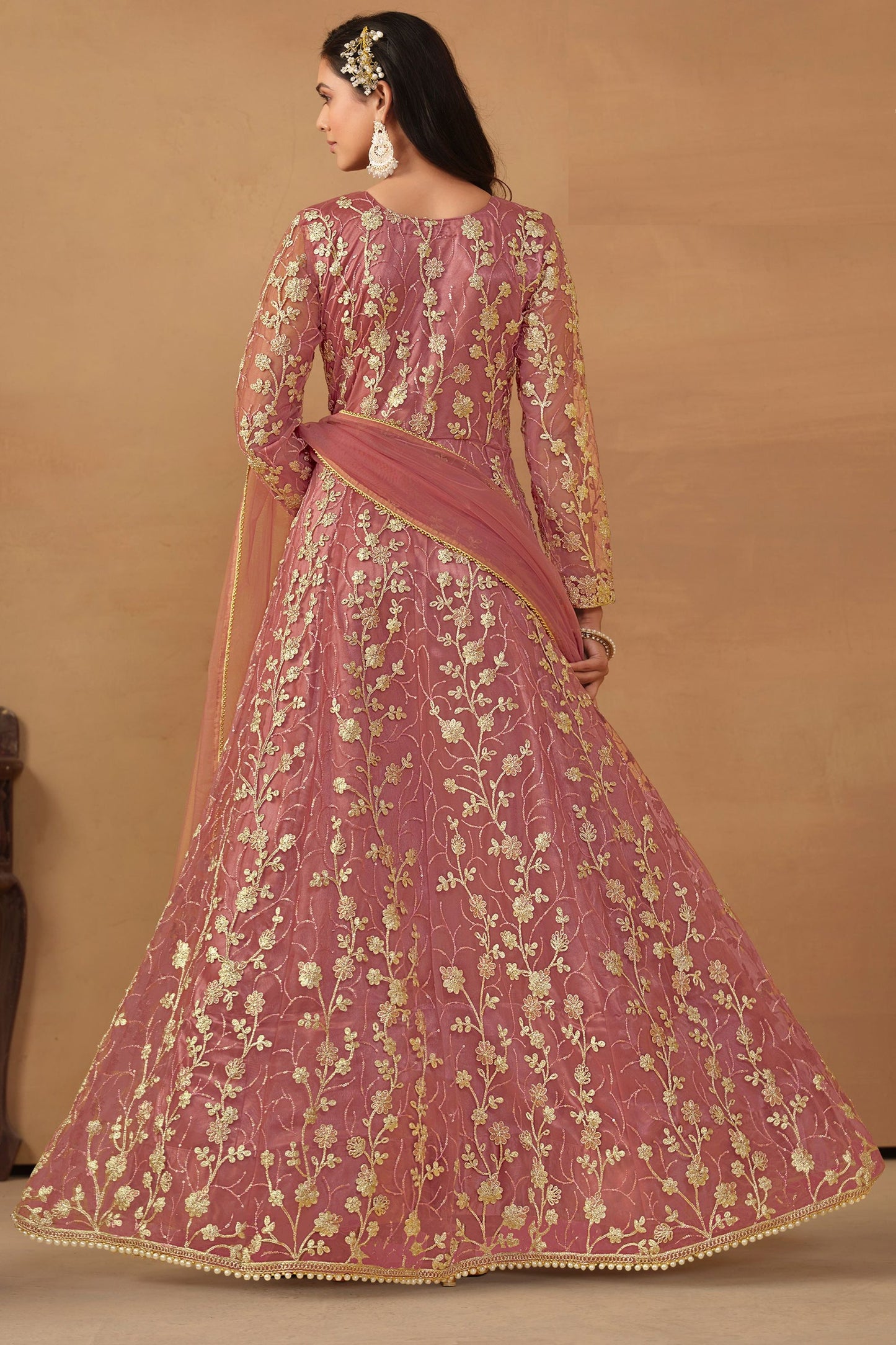 Dark Pink Net Full Floor Length Anarkali Dress with Front Slit For  Festivals & Weddings - Thread & Sequence Embroidery Work