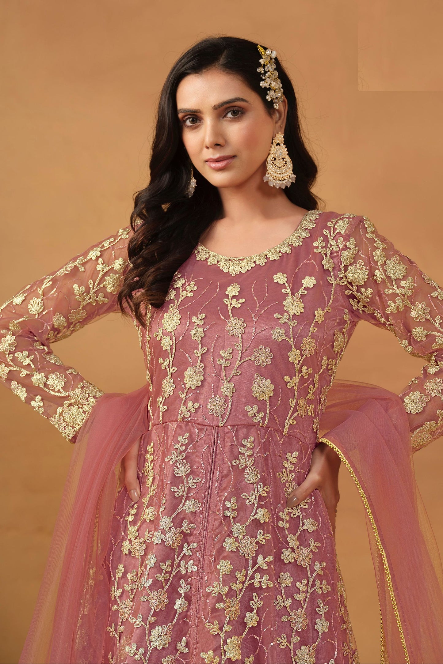 Dark Pink Net Full Floor Length Anarkali Dress with Front Slit For  Festivals & Weddings - Thread & Sequence Embroidery Work