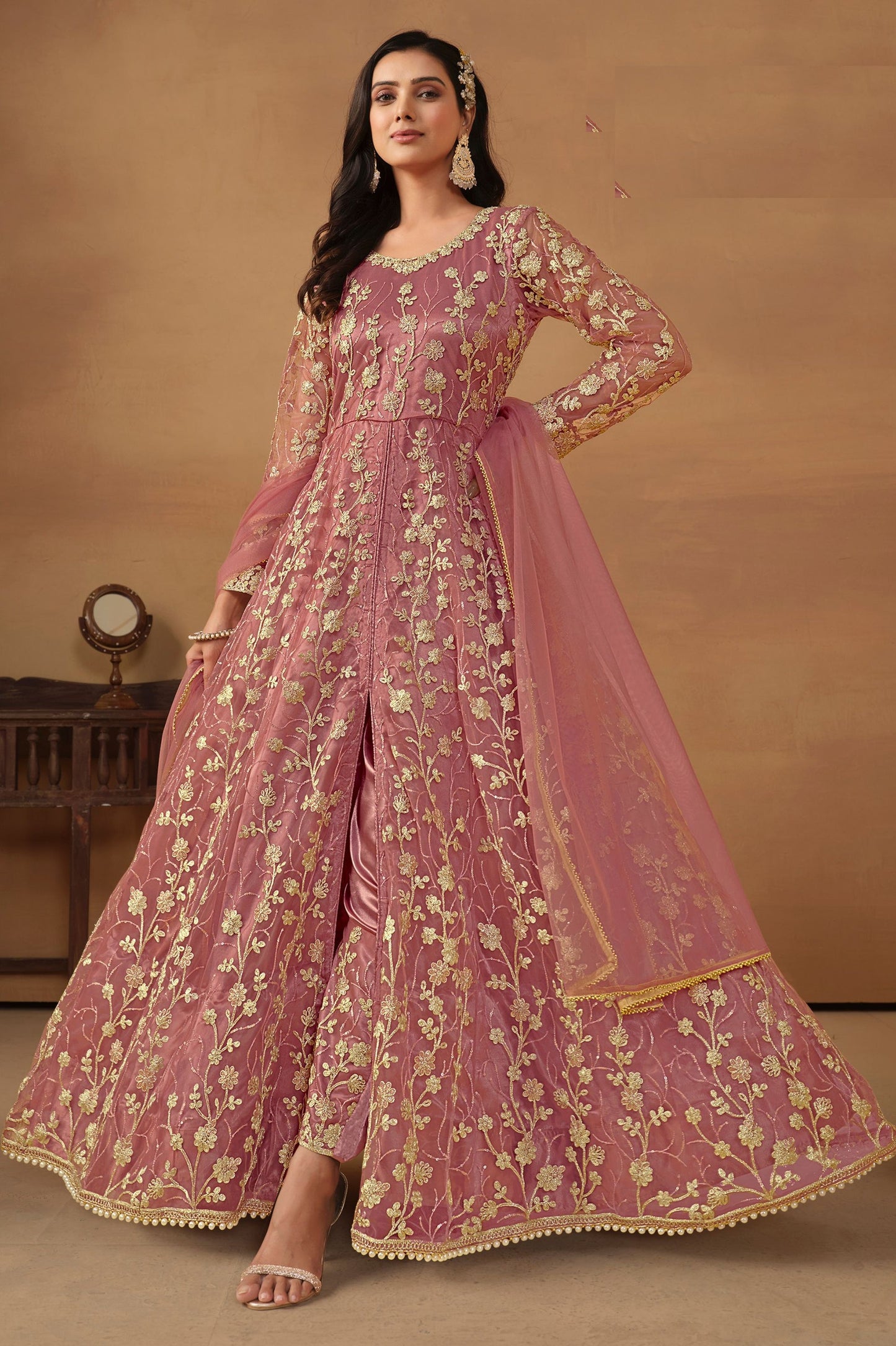 Dark Pink Net Full Floor Length Anarkali Dress with Front Slit For  Festivals & Weddings - Thread & Sequence Embroidery Work