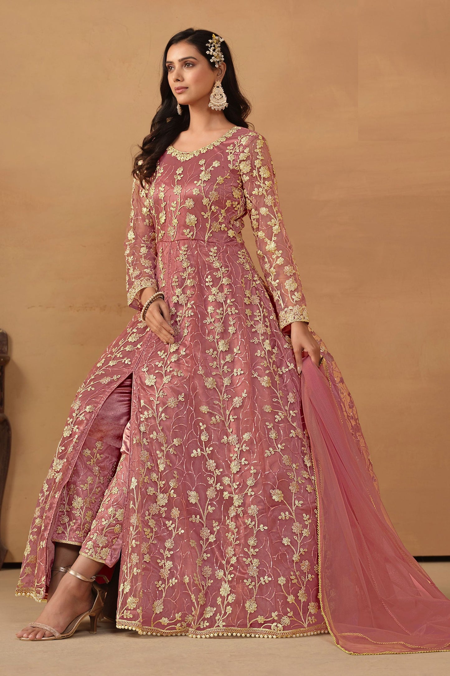 Dark Pink Net Full Floor Length Anarkali Dress with Front Slit For  Festivals & Weddings - Thread & Sequence Embroidery Work