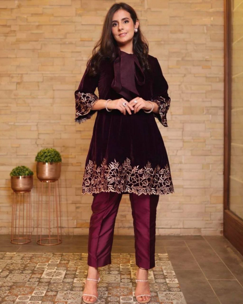 Alluring Maroon Micro Velvet Embroidery Work Pakistani Suit With Dupatta
