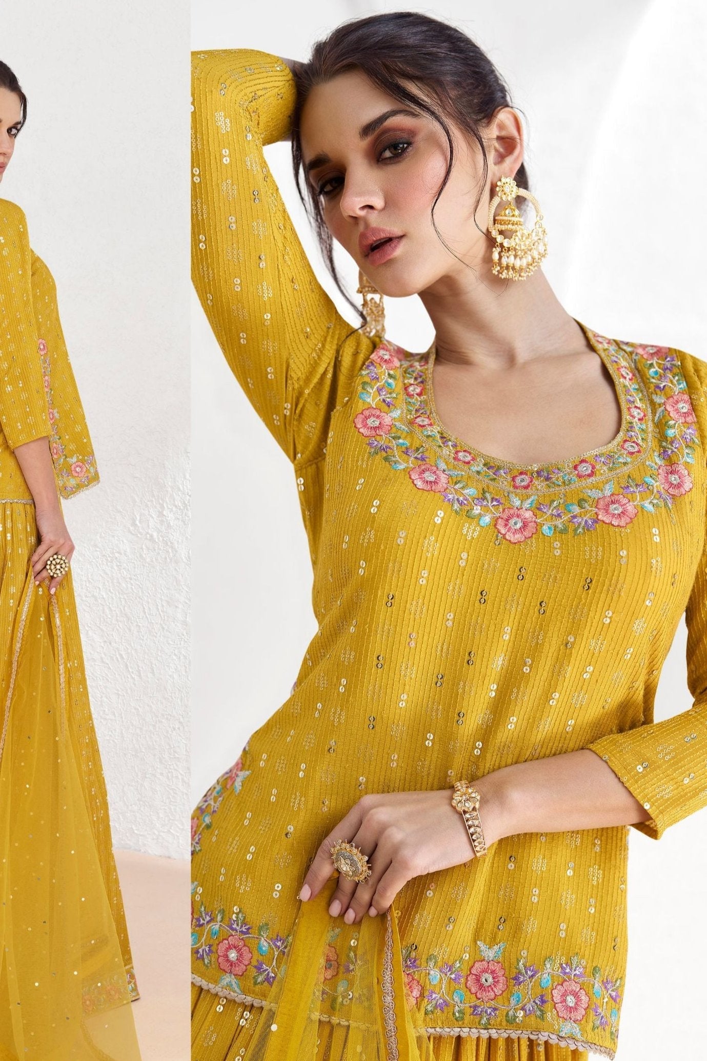 Golden Georgette Lehenga Choli For Wedding &  Festival - Embroidery Work