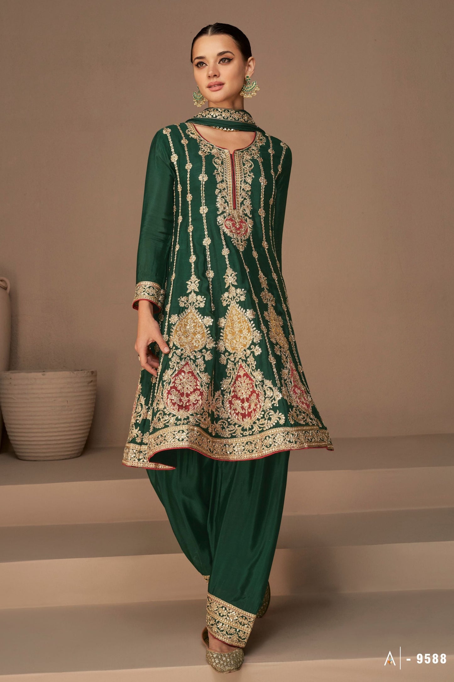 Green Chinon Silk salwar suit - Thread Embroidery Work
