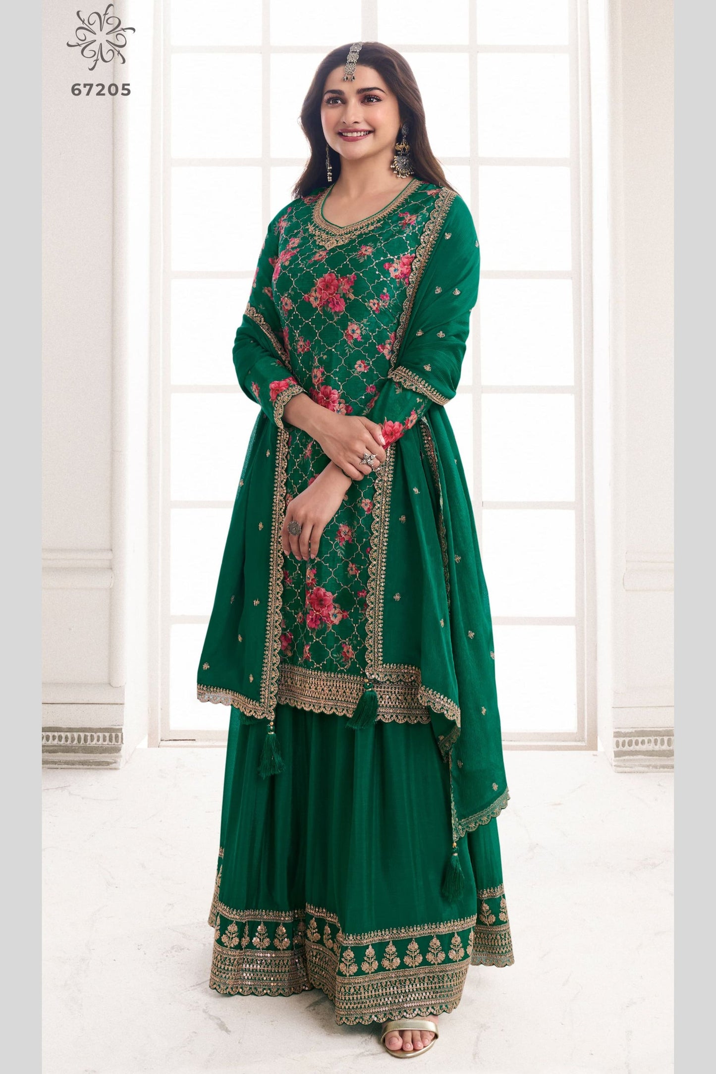 Green Chinon Silk Plus Size Floral Plazo Suit For  Festivals &  Weddings Dress - Embroidery Work, Print Work