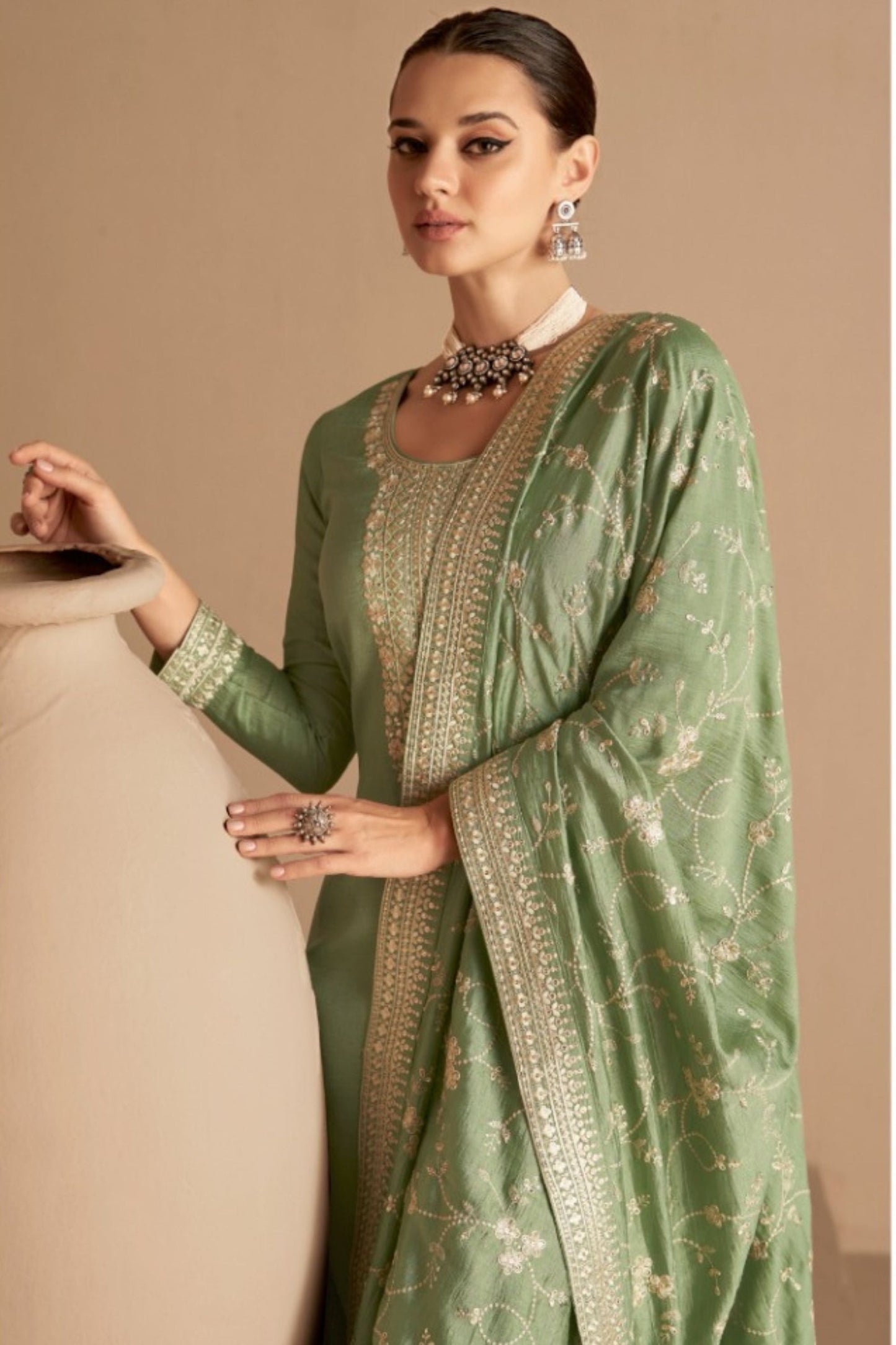 Green Chinon Silk salwar Suit - Thread Embroidery Work