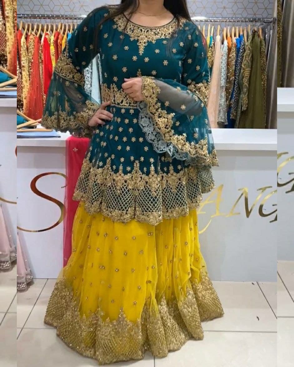 Aromatic Rama & Yellow Butterfly Mono Net Embroidery Work Lehenga Choli