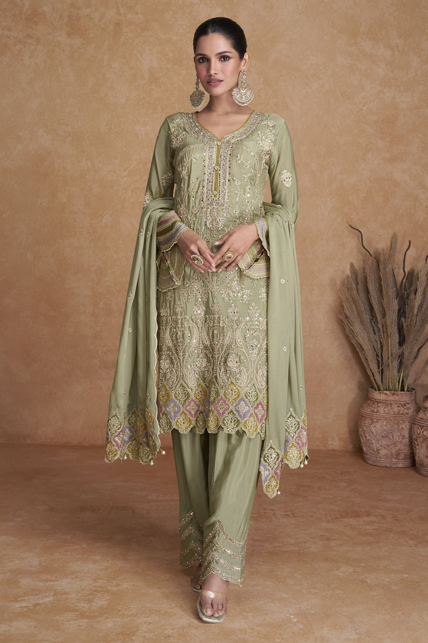 Light Green Chinon Silk Palazzo Suit - Embroidery Work