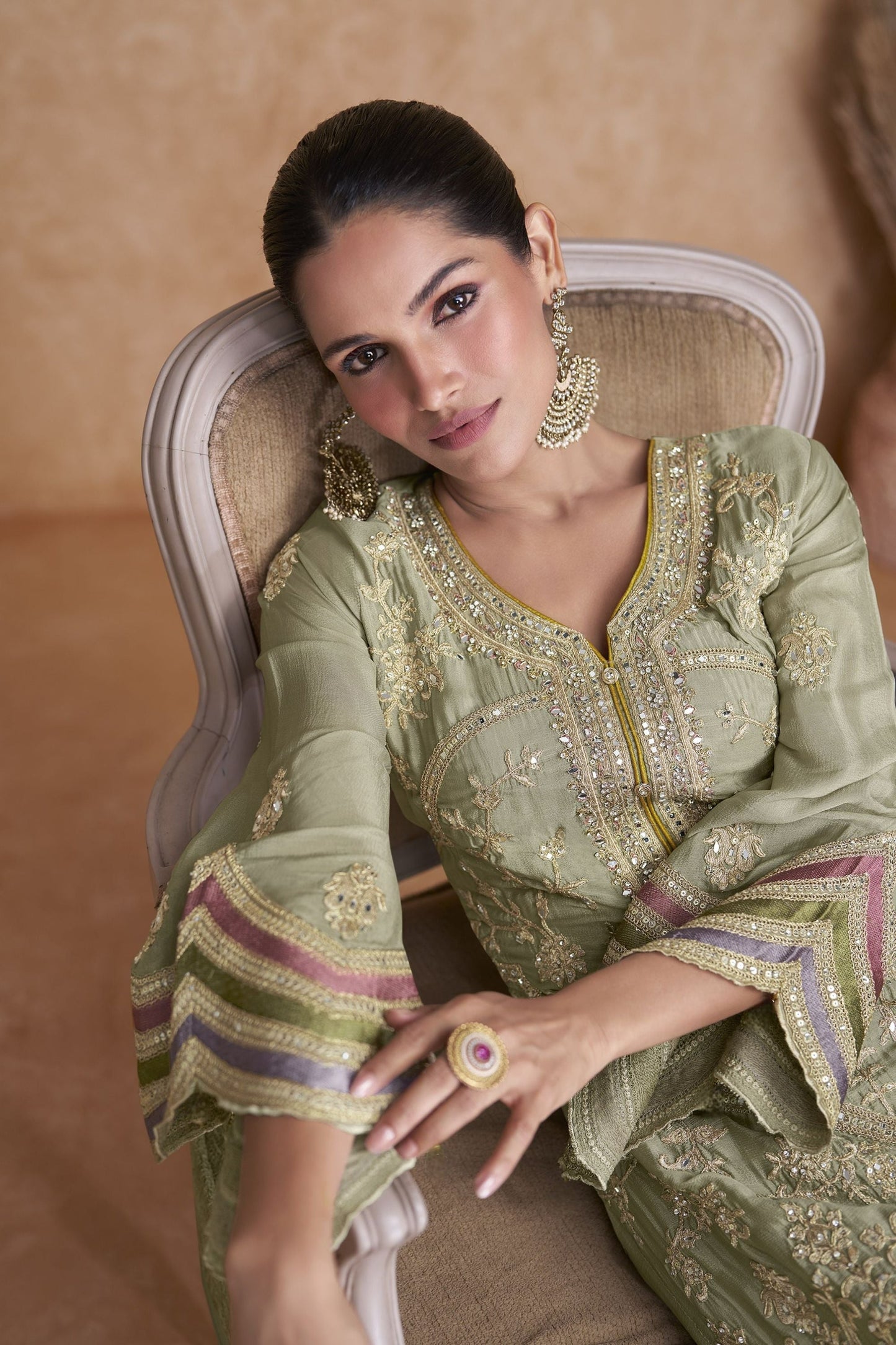 Light Green Chinon Silk Palazzo Suit - Embroidery Work