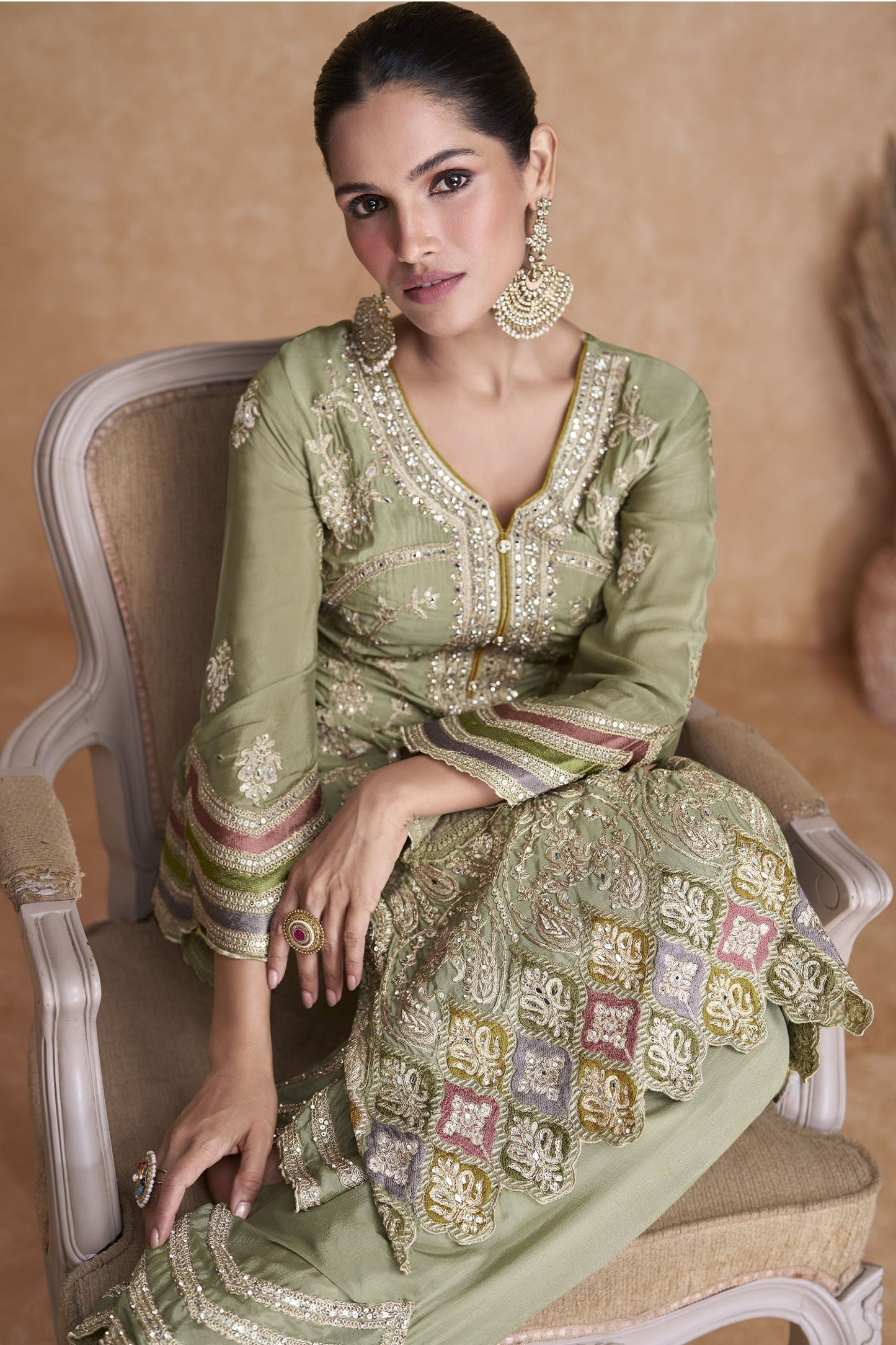 Light Green Chinon Silk Palazzo Suit - Embroidery Work