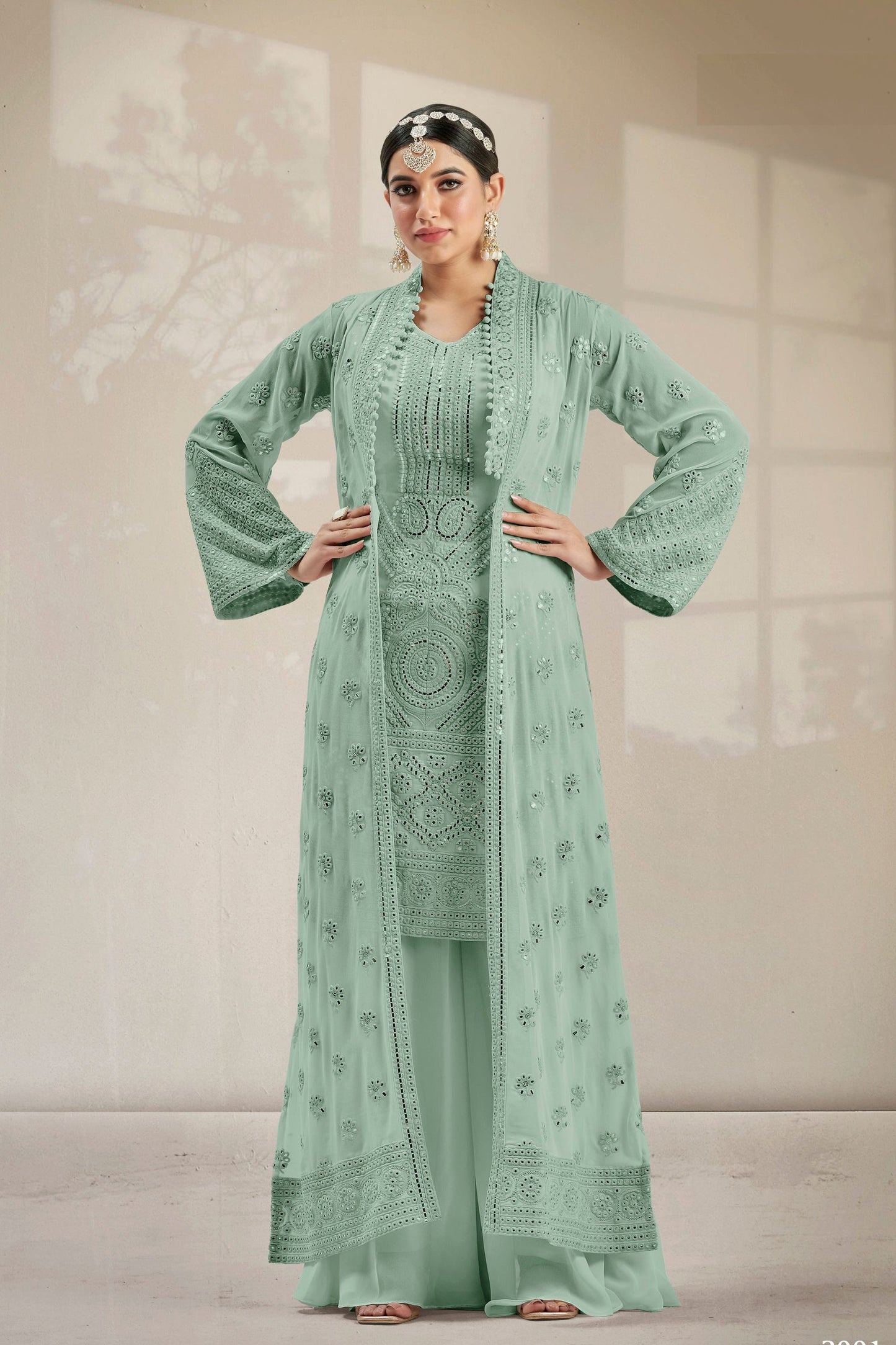 Light Green Georgette Palazzo Suit With Koti Jacket - Resham Embroidery Work, Mirror Work