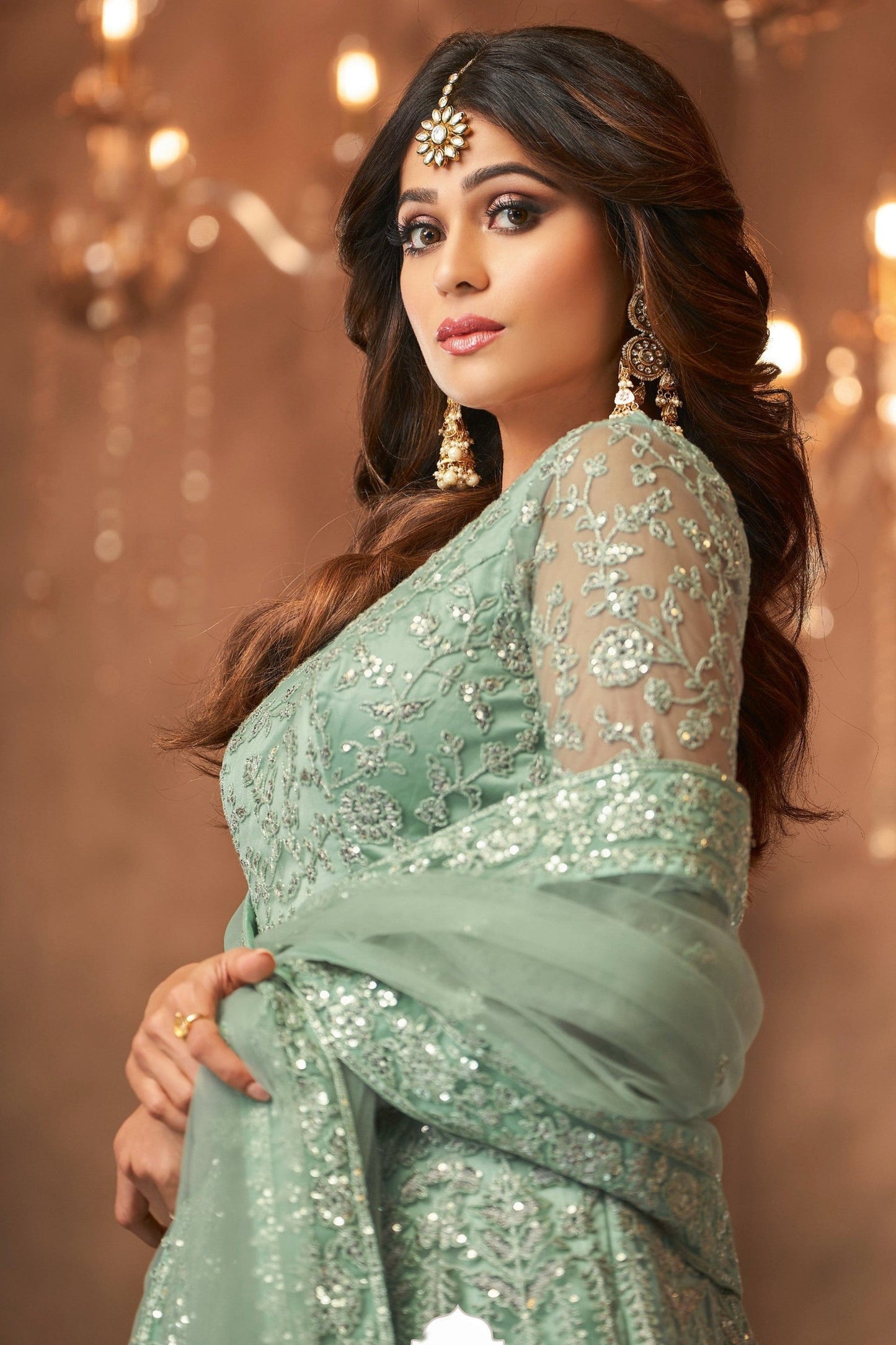 Light Green Net Anarkali Gown For Wedding & Festival - Embroidery Work