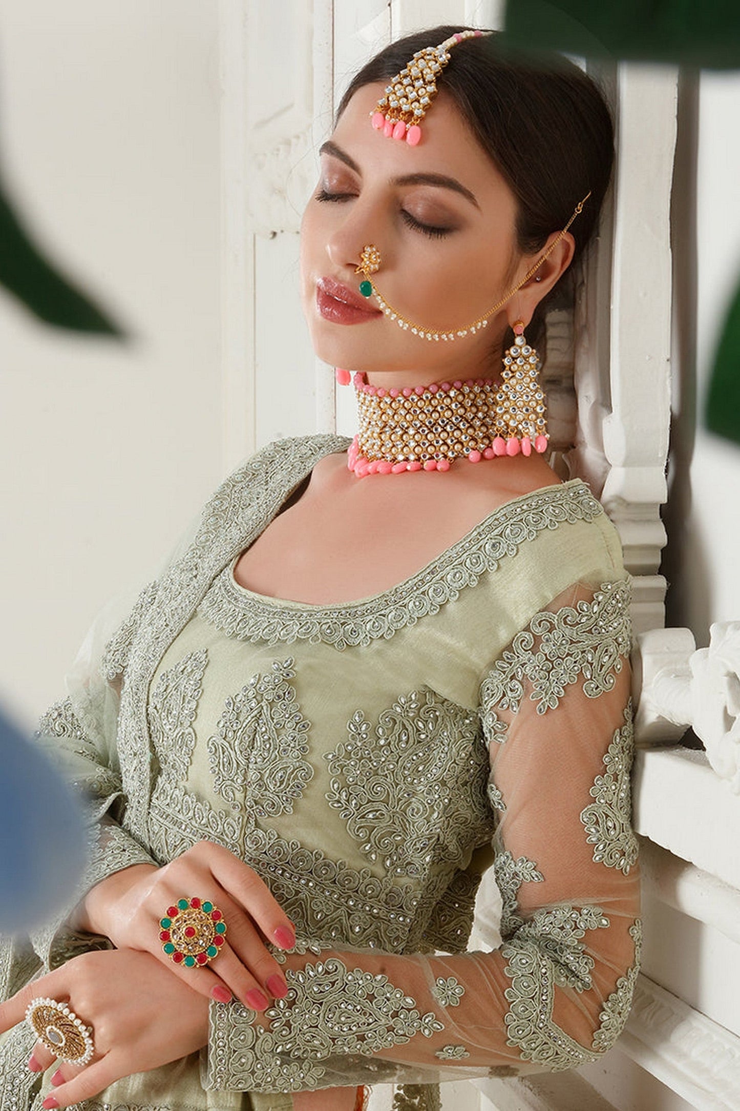 Light Green Net Lehenga Choli For  Festivals & Weddings - Thread Embroidery Work, Codding Embroidery Work, Butta Work, Stone Work