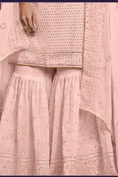 Light Pink Georgette Sharara suit - Sequence Embroidery Work, Thread Embroidery Work, Khatli Work