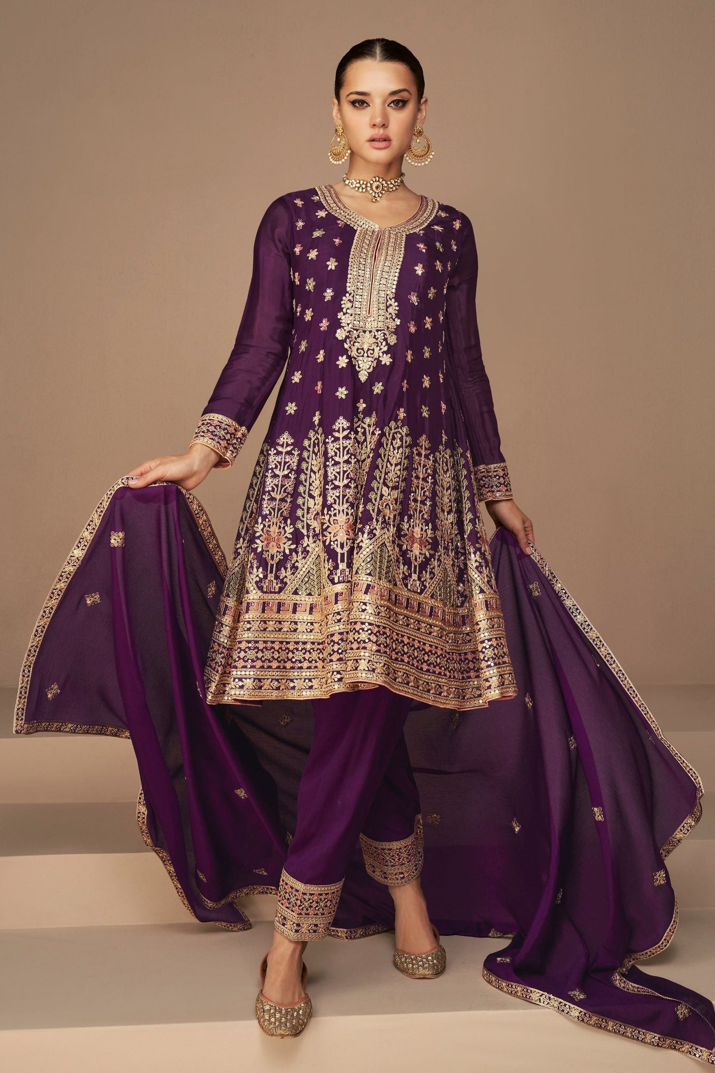 Maroon Chinon Silk salwar suit - Thread Embroidery Work