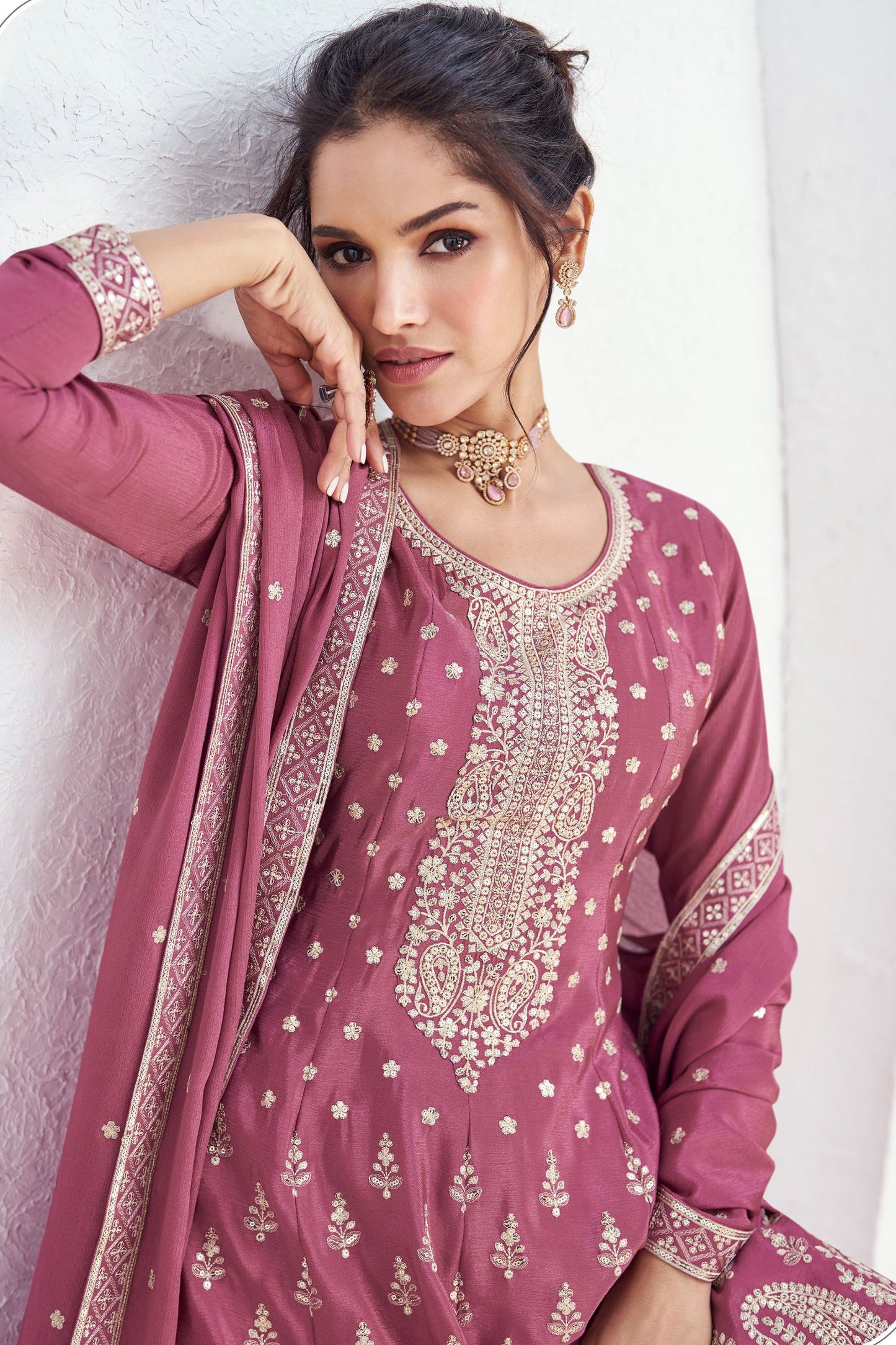 Pink Chinon Silk Palazzo Suit For  Festival &  Weddings - Embroidery Work