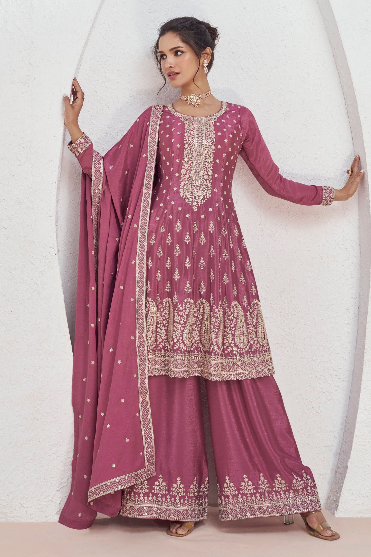 Pink Chinon Silk Palazzo Suit For  Festival &  Weddings - Embroidery Work