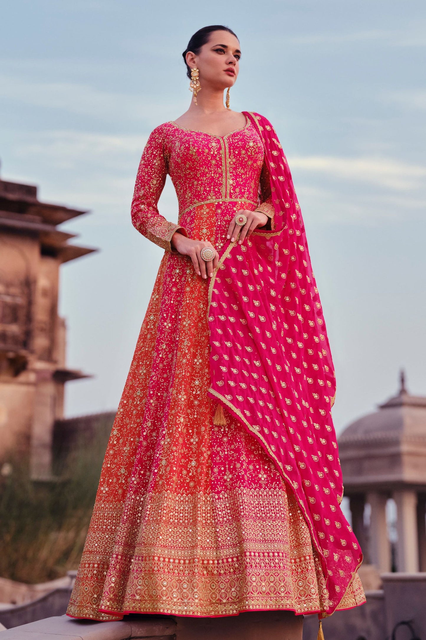 Pink Redish Georgette Floor Full Length Anarkali Gown For  Festivals &  Weddings - Embroidery Work