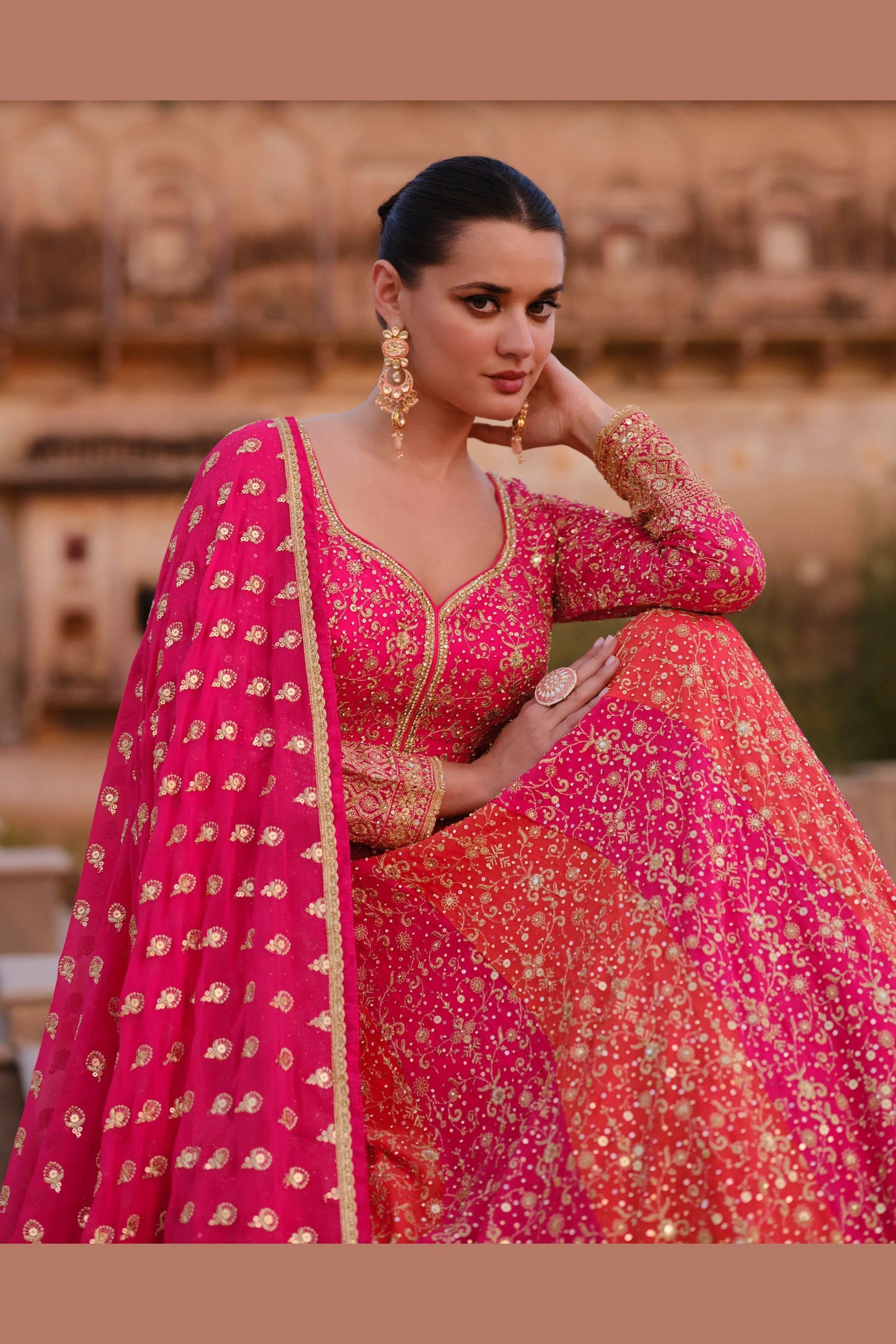 Pink Redish Georgette Floor Full Length Anarkali Gown For  Festivals &  Weddings - Embroidery Work