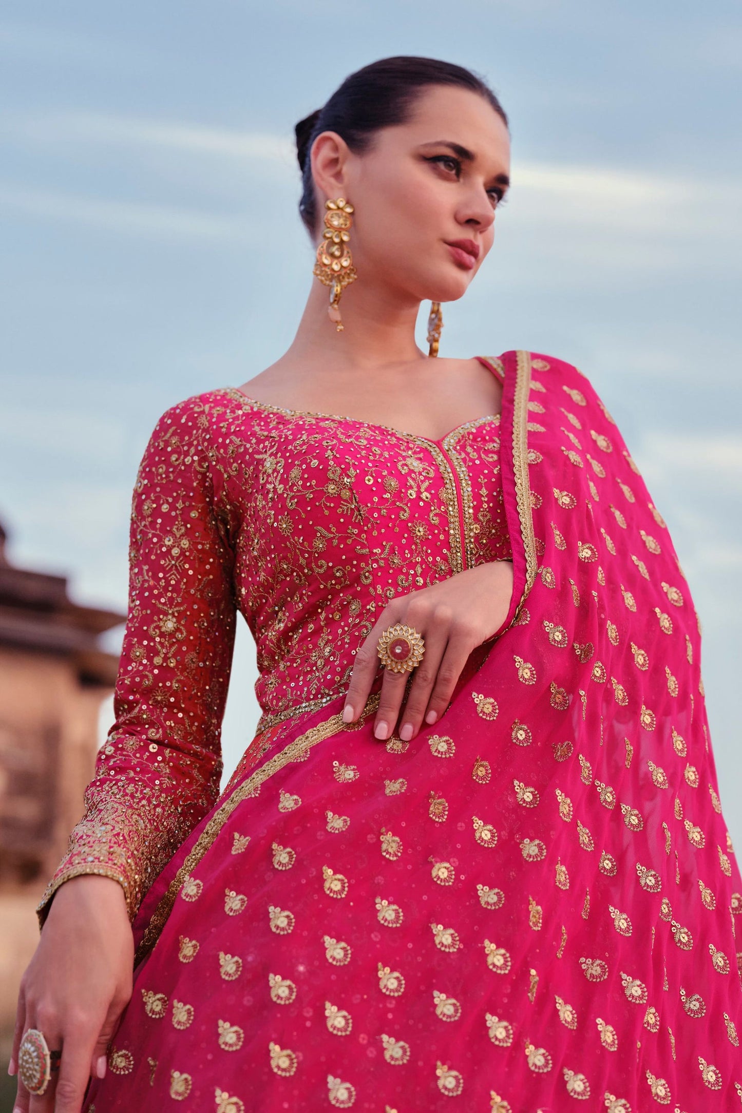 Pink Redish Georgette Floor Full Length Anarkali Gown For  Festivals &  Weddings - Embroidery Work