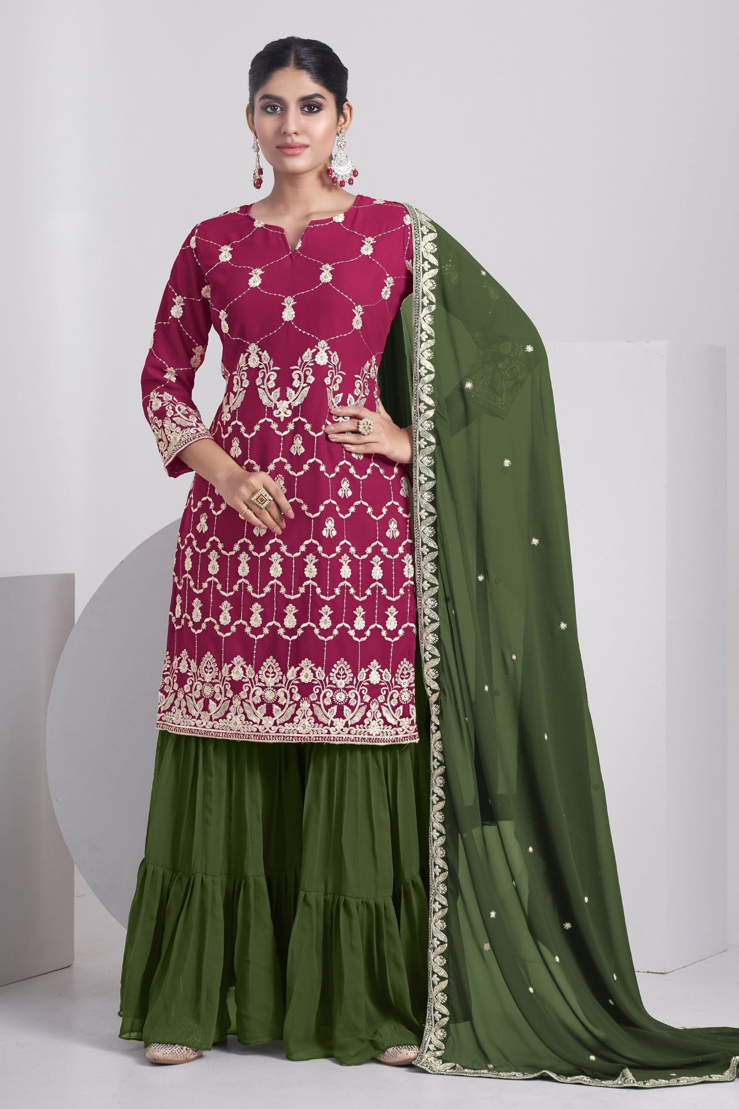 Pink Georgette Sharara suit - Sequence Embroidery Work, Thread Embroidery Work