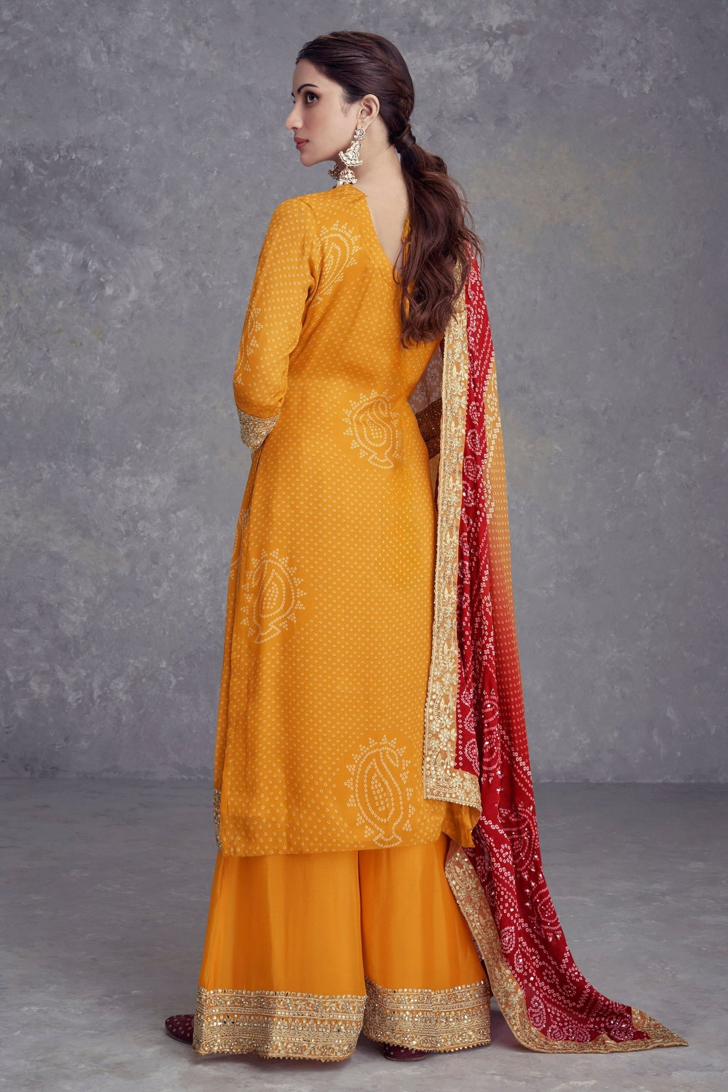 Yellow Chinon Silk Bandhani Style Patter Palazzo Suit For Indian Festivals & Weddings - Embroidery Work, Mirror Work, Print Work
