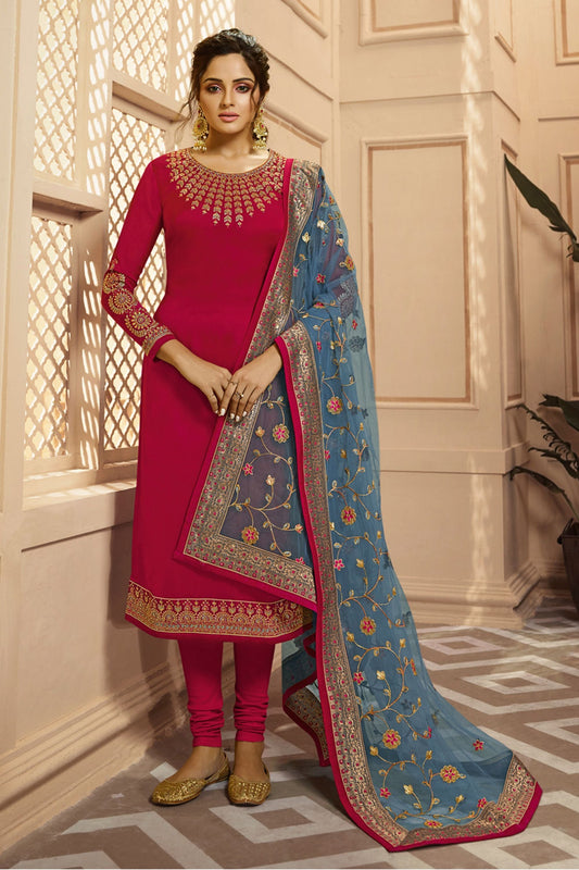 Pink Satin Georgette salwar suit - Embroidery Work