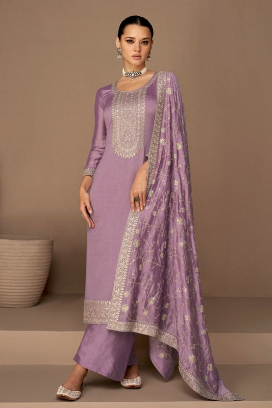Purple Chinon Silk salwar Suit - Thread Embroidery Work