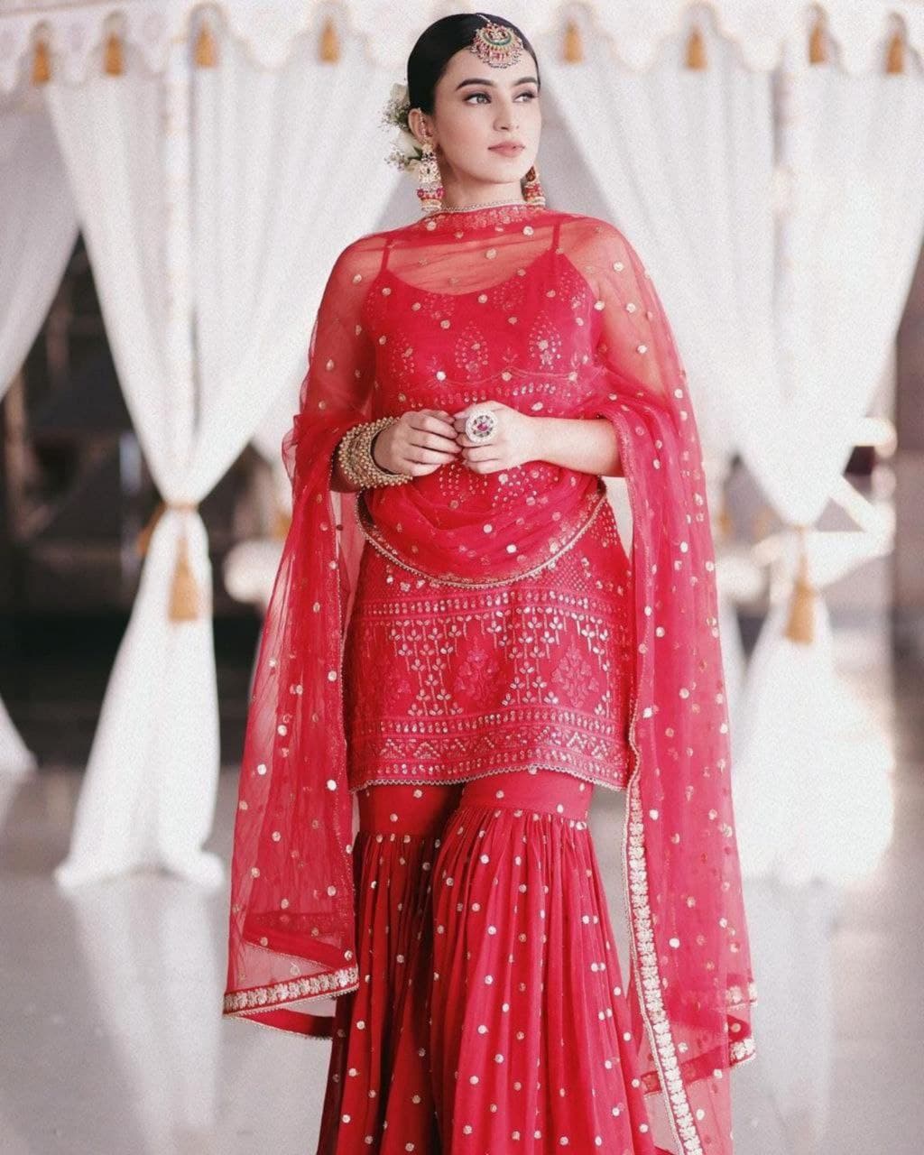 Aromatic Red Georgette Embroidery Work Sharara Suit With Dupatta