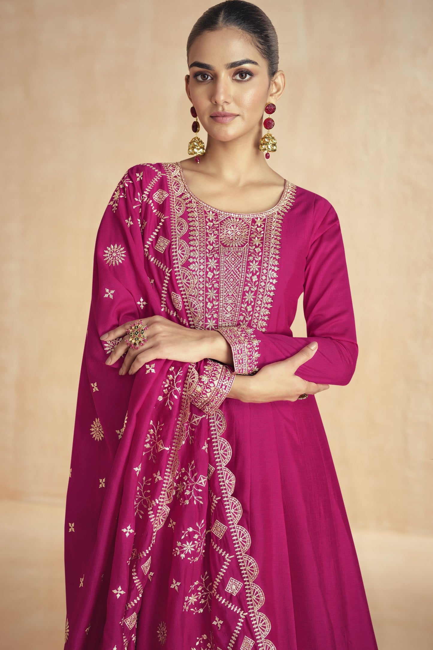 Red Chinon Silk Floor Full Length Anarkali Gown For  Festivals & Weddings - Embroidery Work