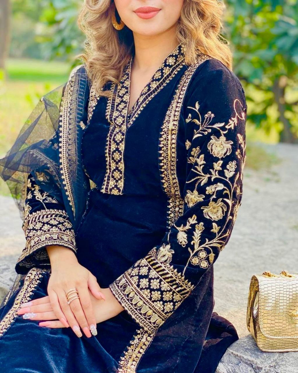 Casual Blue Micro Velvet Embroidery Work Pant Suit With Dupatta