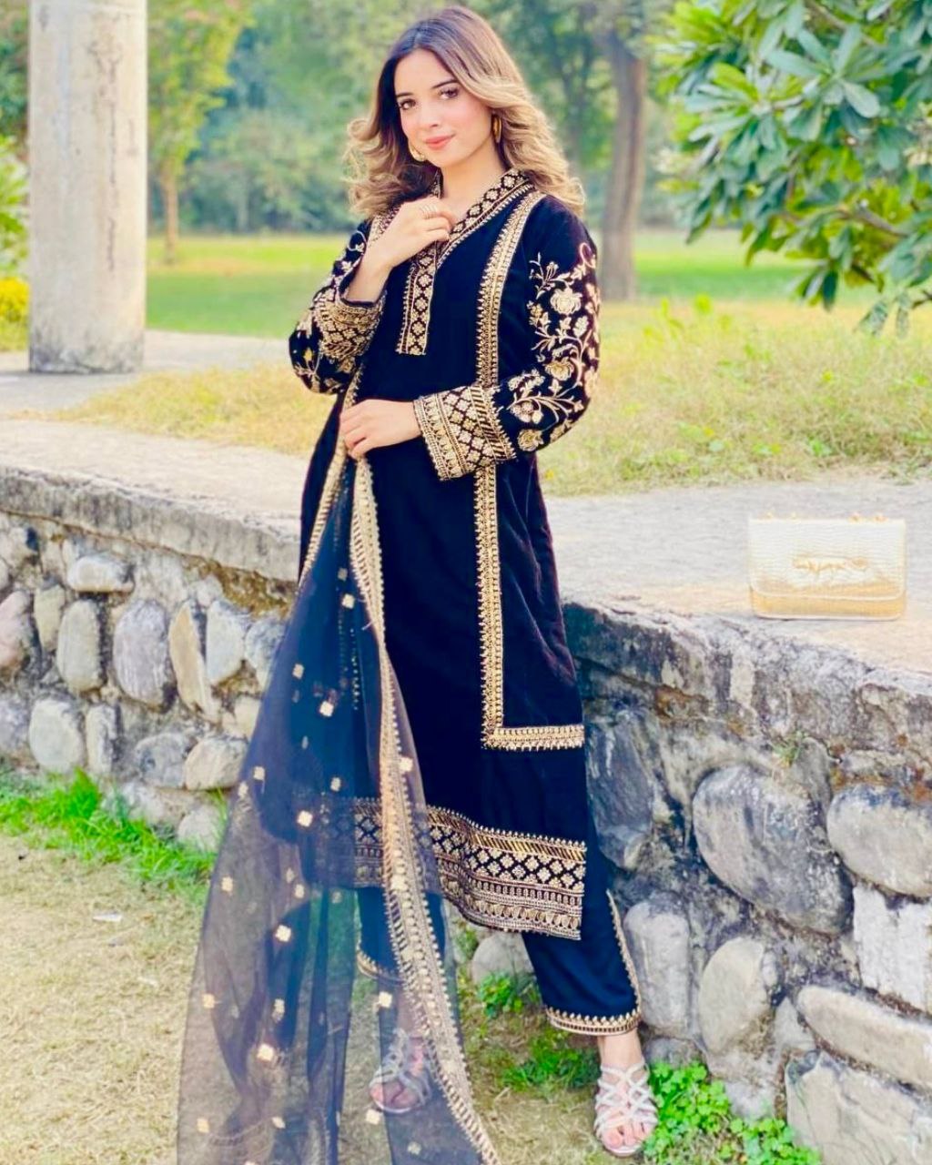 Casual Blue Micro Velvet Embroidery Work Pant Suit With Dupatta