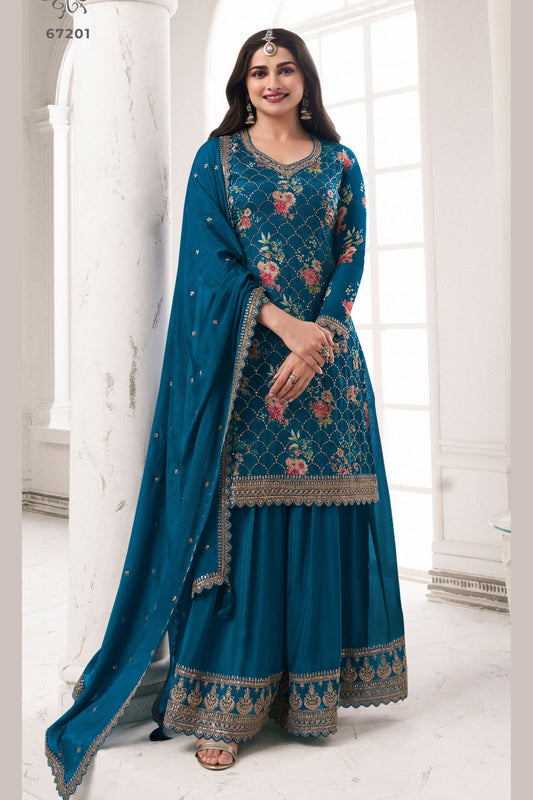 Teal Blue Chinon Silk Plus Size Floral Plazo Suit For  Festivals &  Weddings Dress - Embroidery Work, Print Work