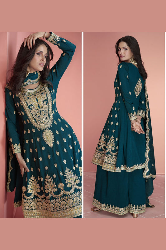 Teal Silk Plazzo Suit For  Festivals & Weddings - Thread Embroidery Work