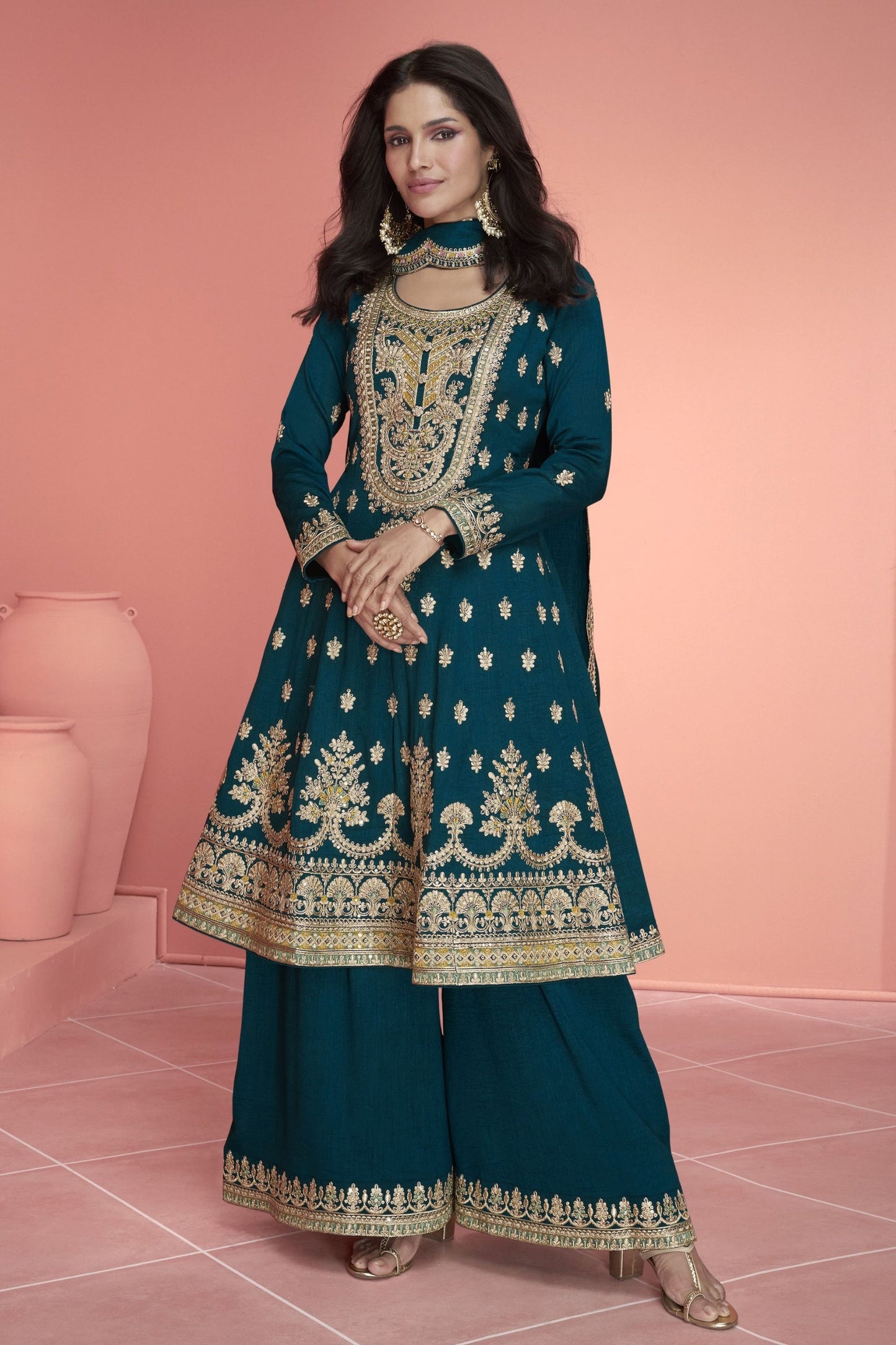 Teal Silk Plazzo Suit For  Festivals & Weddings - Thread Embroidery Work