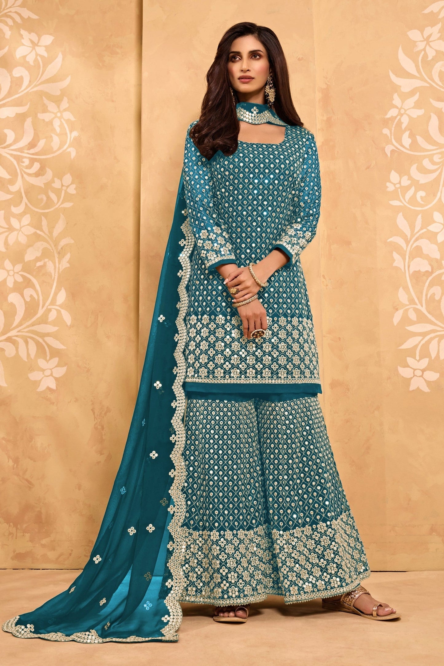 Teal Georgette Sharara suit - Sequence Embroidery Work, Zari Work