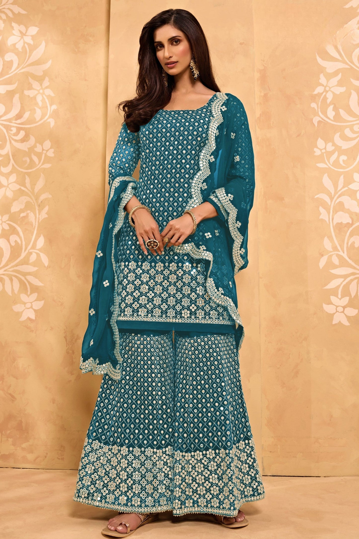 Teal Georgette Sharara suit - Sequence Embroidery Work, Zari Work