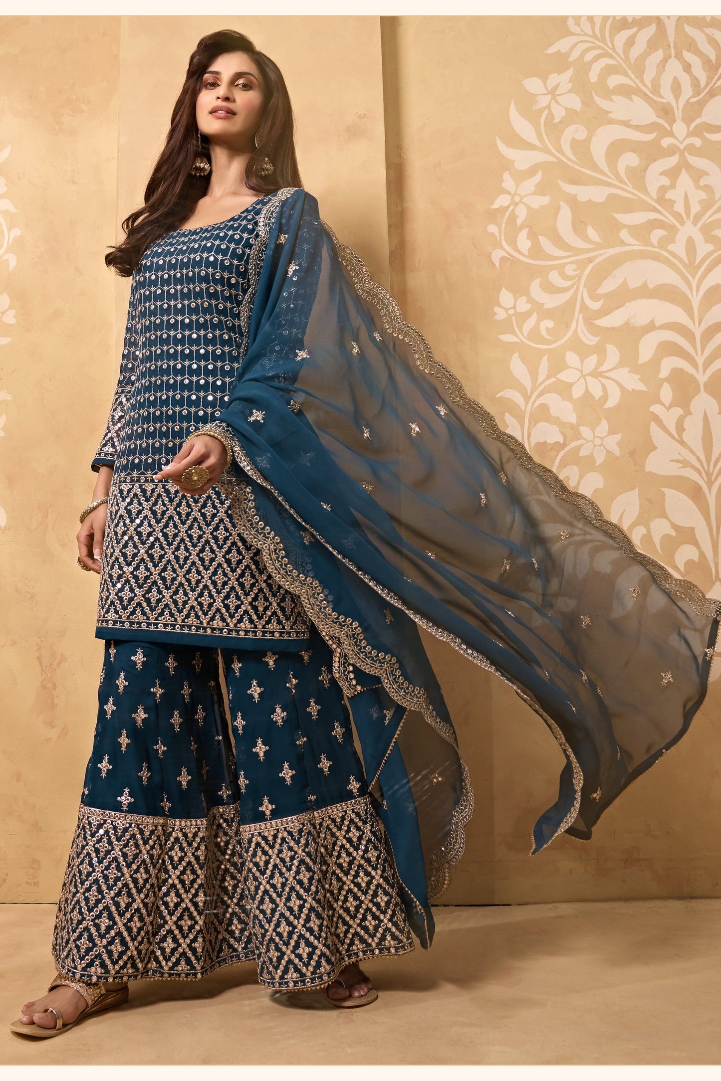 Teal Georgette Sharara suit - Sequence Embroidery Work, Zari Work