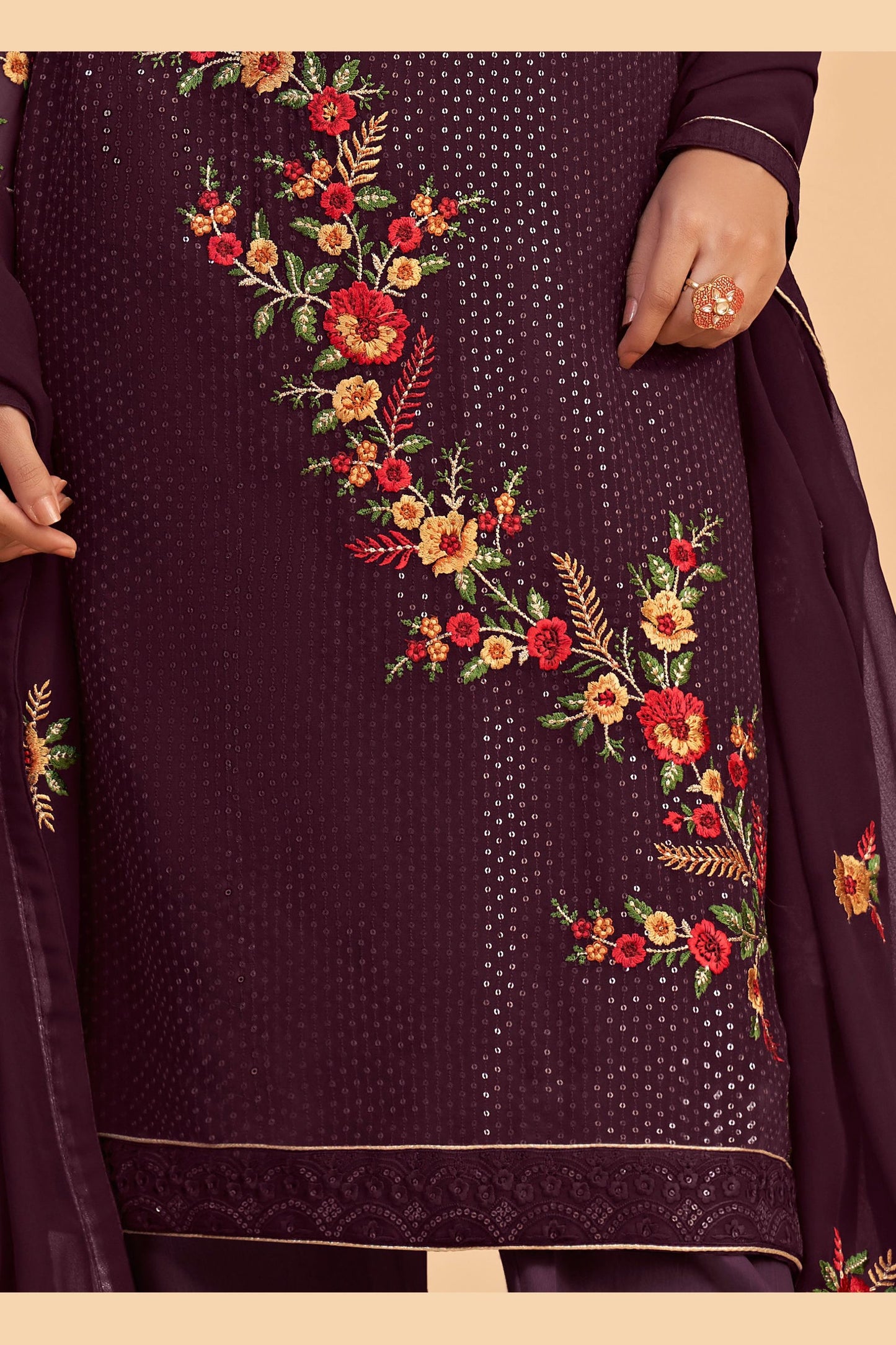 Wine Georgette Salwar suit - Sequence Embroidery Work, Thread Embroidery Work, Zari Work