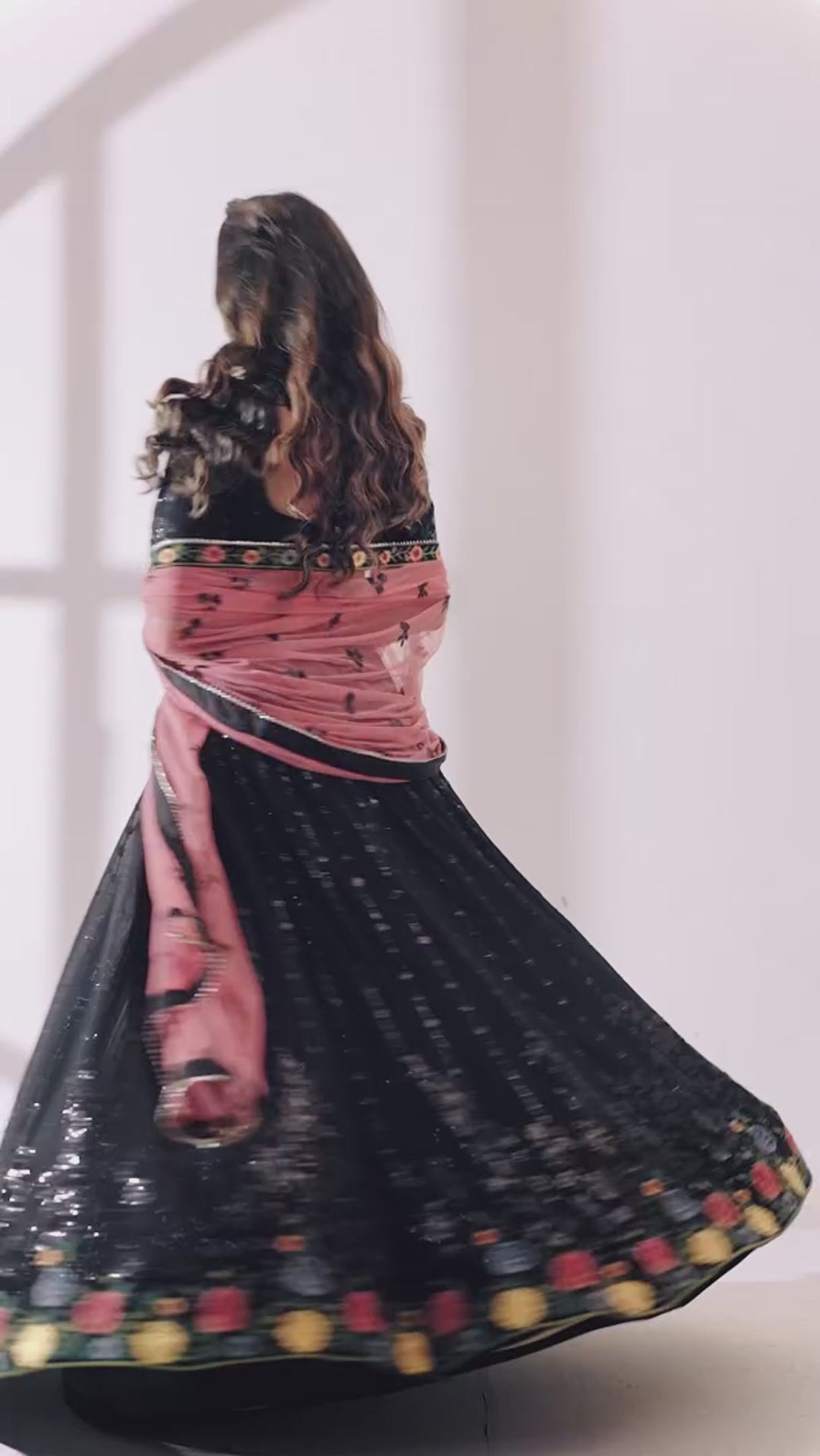 Black Georgette Flower Embroidered Lehenga Choli For Festivals & Weddings - Sequence Embroidery Work, Thread Embroidery Work