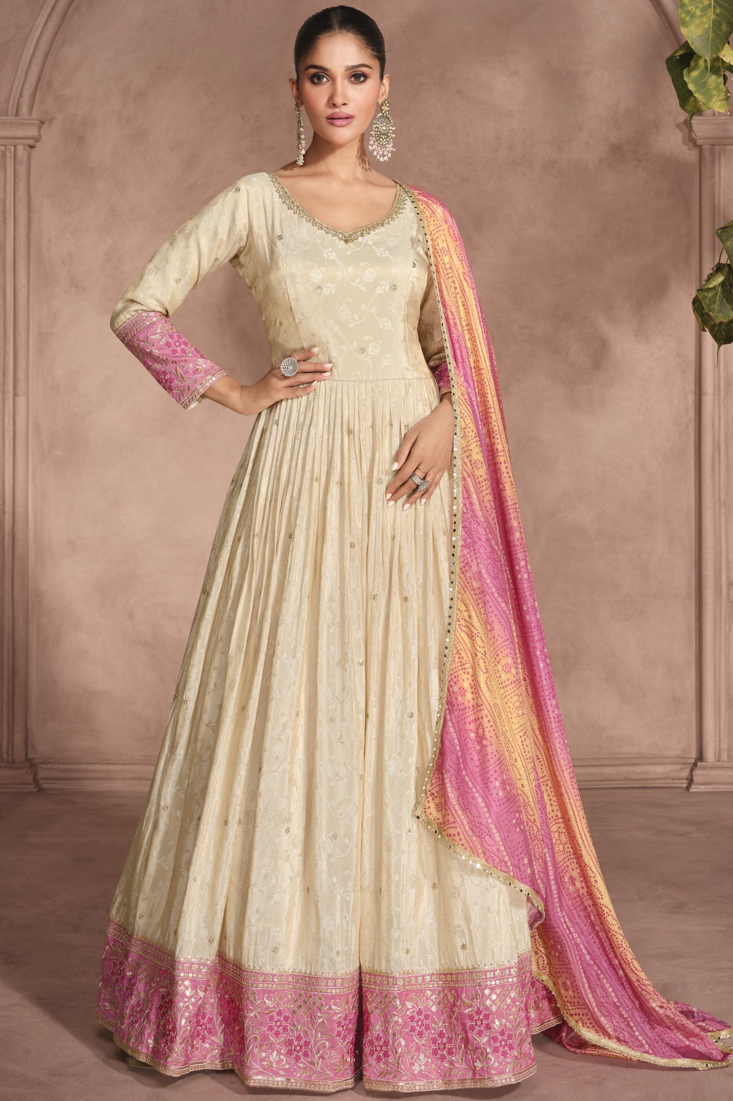 Cream Simar Jacquard Silk Full Floor Length Anarkali Gown With Bandhani Dupatta For  Festival & Weddings - Embroidery Work